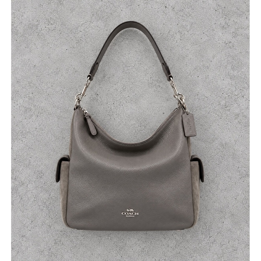 Coach Woman's Grey Penny Shoulder Bag Pebbled Leather Suede Pockets Slouchy Hobo